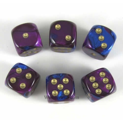 Blue Purple Gemini with Gold Pips 16mm D6 Dice Set of 6 Wondertrail WCX26628E6