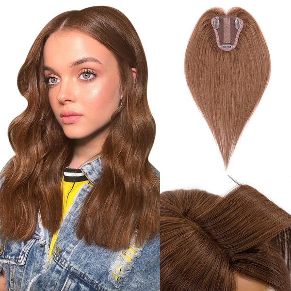 Hairro Human Hair Toppers Real Hair, Clips in 100% Human Hair Hairpieces for Women, 3.15"x3.94" Silk Base for Thinning Hair/Hair Loss/Covering Greyish Hair on Top