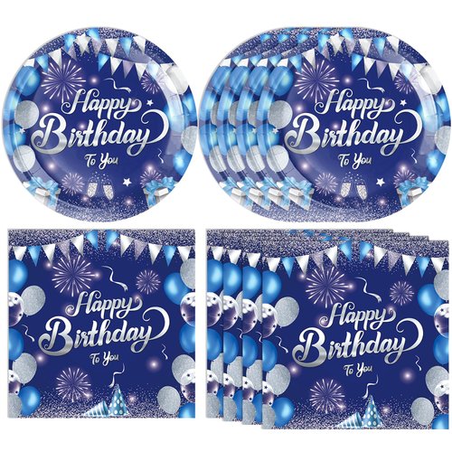Blue Birthday Decorations for Men Boys Birthday Party Tableware Set Birthday Paper Plates Napkins Navy Blue and Silver Happy Birthday Party Decorations for 13th 16th 18th 21st 30th 40th 50th 60th Him