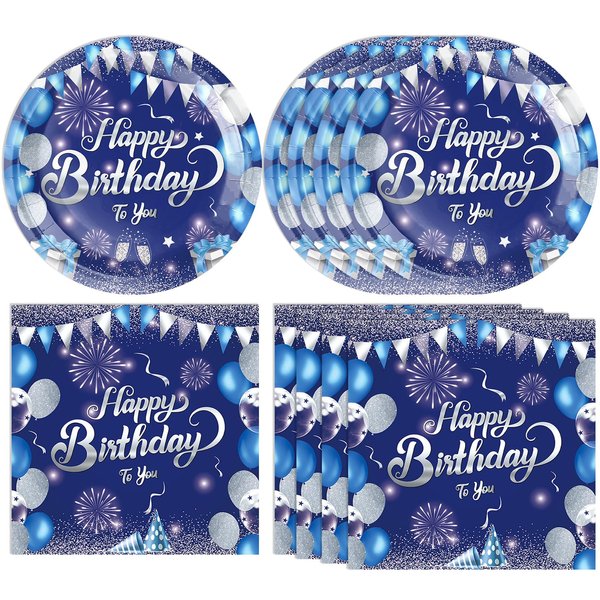 Blue Birthday Decorations for Men Boys Birthday Party Tableware Set Birthday Paper Plates Napkins Navy Blue and Silver Happy Birthday Party Decorations for 13th 16th 18th 21st 30th 40th 50th 60th Him