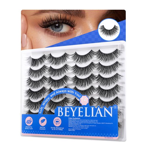 BEYELIAN 14 Pairs False Eyelashes Clear Band D Curl 9-15MM Eye Lashes Pack, Soft and Lightweight Invisible Band Faux Mink Lashes, Reusable, Easy to Apply (14P-HSCS-55)