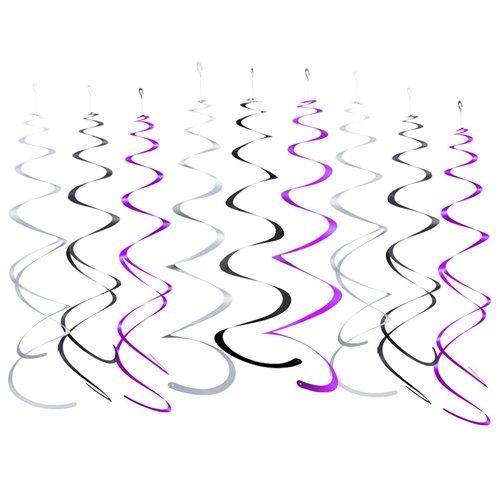 Purple Black and Silver Foil Swirl Hanging Decoration Streamer for Birthday Graduation Wedding Party Supplies, Pack of 21