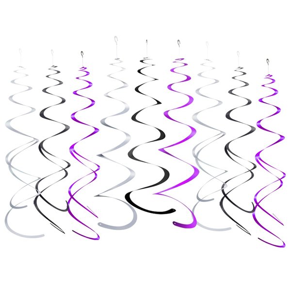 Purple Black and Silver Foil Swirl Hanging Decoration Streamer for Birthday Graduation Wedding Party Supplies, Pack of 21