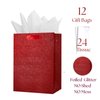 UNIQOOO 12Pcs Embossed Ruby Red Glitter Christmas Gift Bags with 24 Tissue Paper Bulk, M 9x7 Inch, Valentines Day Gift Wrap Bag, Wedding Bridal Shower Favor Bag Gift Packaging, Holiday Birthday Party