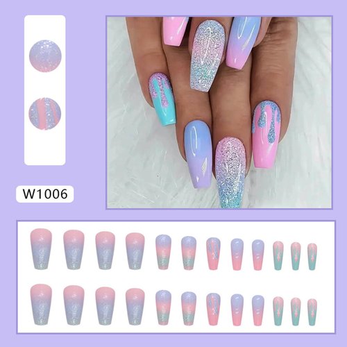 Ombre Press on Nails Medium Coffin Fake Nails Macaron Color Gradient False Nails With Glitter Designs Full Cover Stick on Nails Reusable Acrylic Artificial Nails Glue on Nails for Women 24Pcs