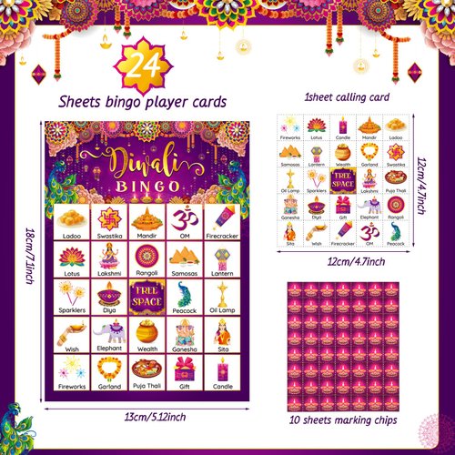 Liliful 35 Pieces Diwali Bingo Games 24 Players Diwali Bingo Cards Deepavali Party Favors Games for Family Gathering Classroom Activities Hindu Indian New Year Party Supplies