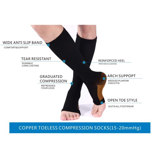 3Pairs Open Toe Toeless Compression Socks(15-20mmHg) for Men and Women Support Stocking(Black, S/M)