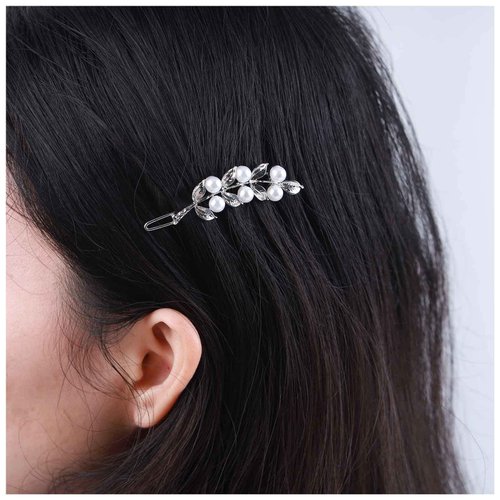 Allereyae Vintage Pearl Leaf Hair Clip Barrette Olive Leaf Hair Pin Barrette Pearl Side Hair Clip Barrette Silver Pearl Head Clip Headwear Hair Accessories for Women (Silver)