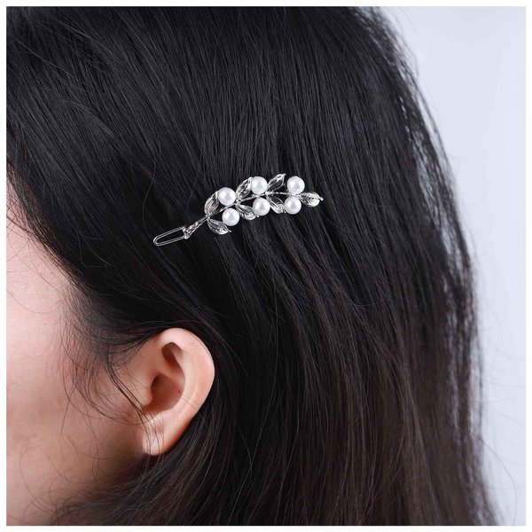 Allereyae Vintage Pearl Leaf Hair Clip Barrette Olive Leaf Hair Pin Barrette Pearl Side Hair Clip Barrette Silver Pearl Head Clip Headwear Hair Accessories for Women (Silver)