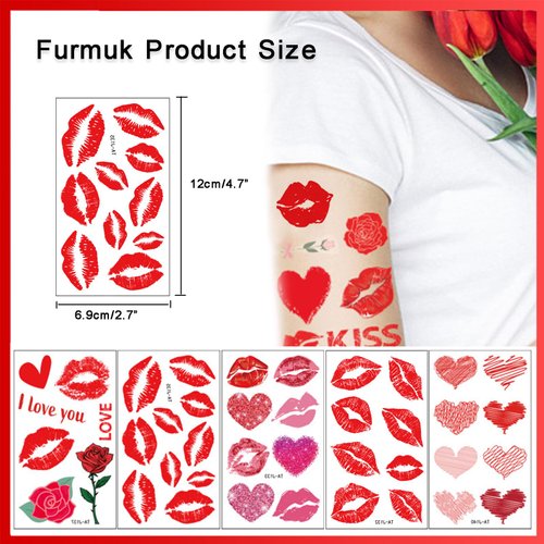 10 Sheets Red Kiss Lip Temporary Tattoo Stickers Lip Heart Print Face Body Waterproof Bright Color Kisses Sticker Costume Accessories Birthday Party Decorations