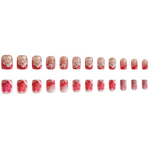 CEWEWP Short Press on Nails Square French Tip Fake Nails Full Cover Pink White Flower False Nails with Designs Glossy Glue on Nails Spring Summer Acrylic Nails Artificial Nails for Women Girls 24Pcs