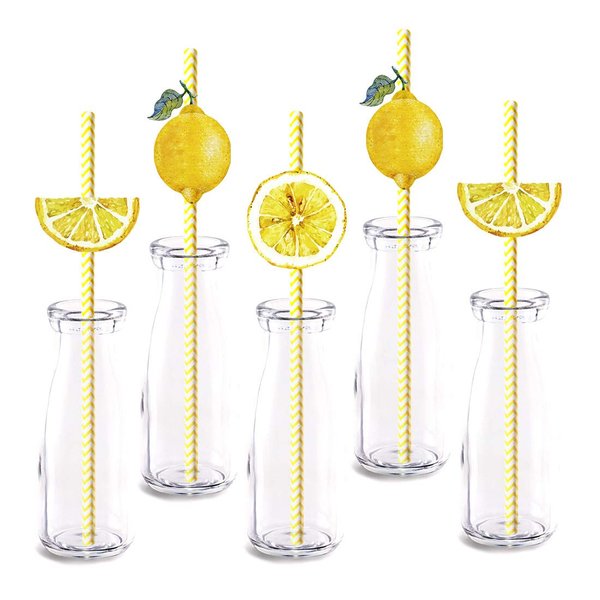 Lemon fruit Party Straw Decor, 24-Pack Yellow Lemon Summer Birthday Party Supply Decorations, Paper Decorative Straws