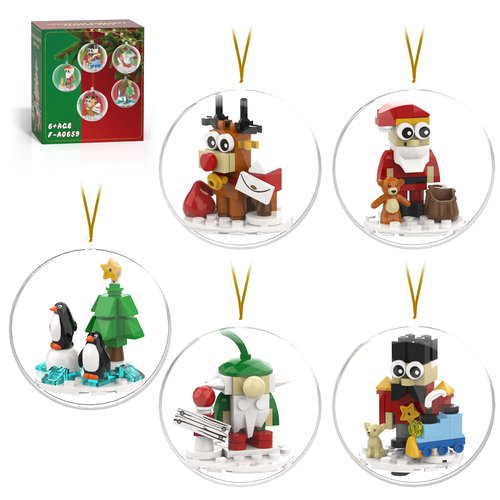 Christmas Tree Ornaments Building Blocks Compatible with Lego Christmas, 2024 Christmas Decorations Ball Toys Included Santa Reindeer Nutcracker Gnome Penguin, Xmas Ornaments for Indoor Outdoor 5packs