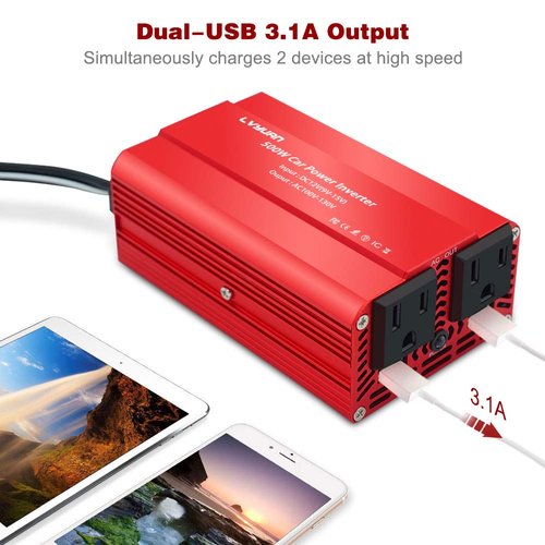 LVYUAN 500W Power Inverter DC 12V to 110V AC Car Inverter Converter with 3.1A Dual USB Car Adapter Red
