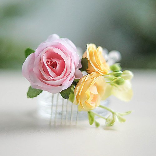 Fangsen Pink Berry Rose Hair Comb Festival Headpiece for Holiday Cosplay Women Party Silver (#531)