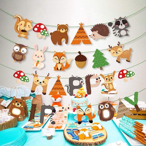 Woodland Party Decorations Woodland Happy Birthday Banner with Forest Animal Bunting Garland for Kids Boys Girls Woodland Birthday Party Supplies