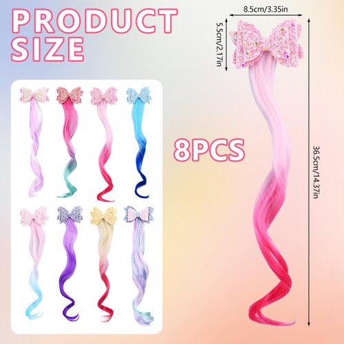 Bekecidi 8 Styles Hair Accessories for Girls, Colored Hair Extensions for Kids Nylon Rainbow Hair Clips for Toddler Kids Girls Ponytails Accessories
