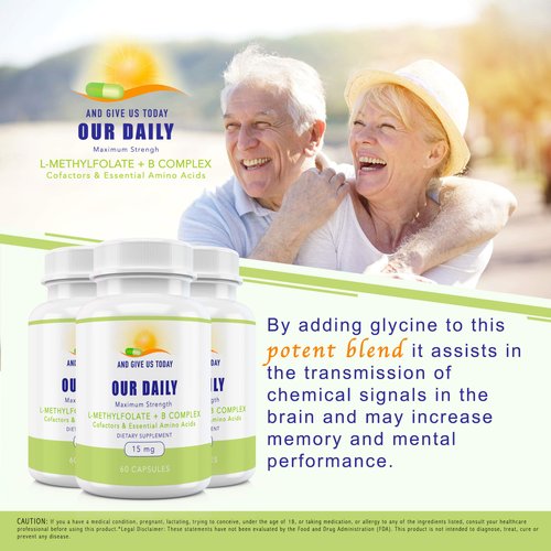 Our Daily Vites L-Methylfolate B Complex Cofactors & Essential Amino Acids (15mg) - Active Folate, Methylated B12 Methylcobalamin, B6 and Glycine - 60 Count