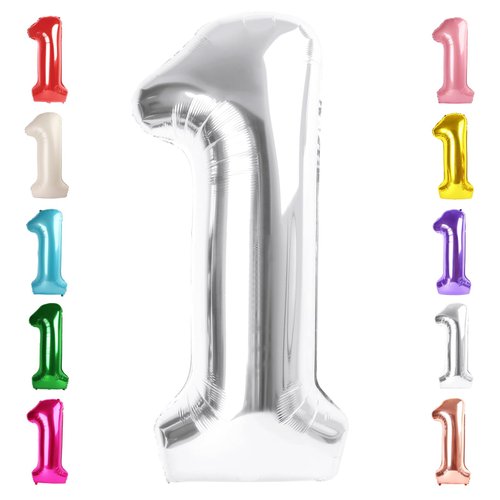 Number 1 Balloon 40 Inch, Silver 1st Birthday Decorations One Balloon For Girl Boy Baby First Birthday Decor, Frozen Party Supplies, Wild One Giant Balloons