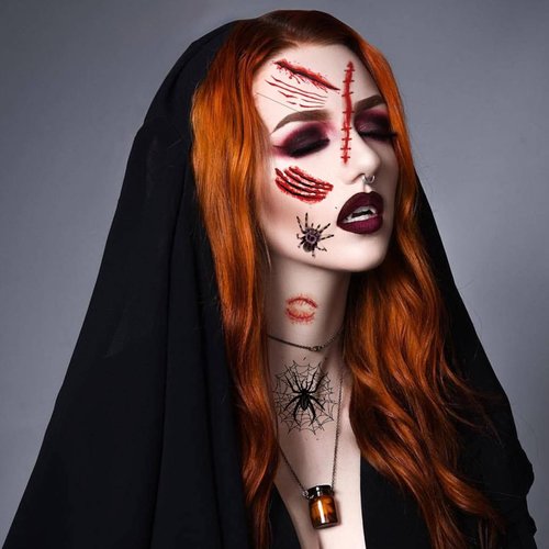 40 Sheets 3D Spider Web&Fake Scar Temporary Tattoos Halloween Makeup Kit, Witch Zombie Realistic Fake Bat Scary Face Tattoos Stickers For Women Adults Kids Men (Halloween)