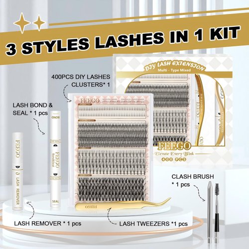 FEEGO Natural Lash Extension Kit 168Pcs Lash Clusters Kit Wispy Eyelash Extensions Individual Lashes Extensions with Bond and Seal Lash Glue and Eyelash Extension Tweezers DIY (Mix Match Styles)