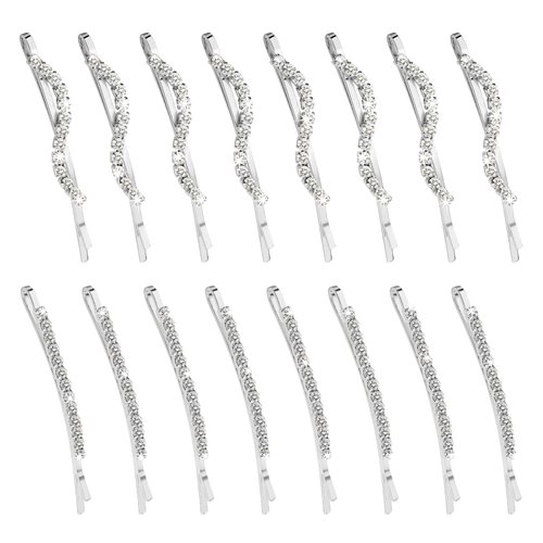 16 Pieces Fancy Rhinestone Bobby Pins, YISSION Silver Metal Hair Clips 2 Shaped Barrettes, Sparkly Crystal Hair Accessories for Women Girls Wedding Prom Party