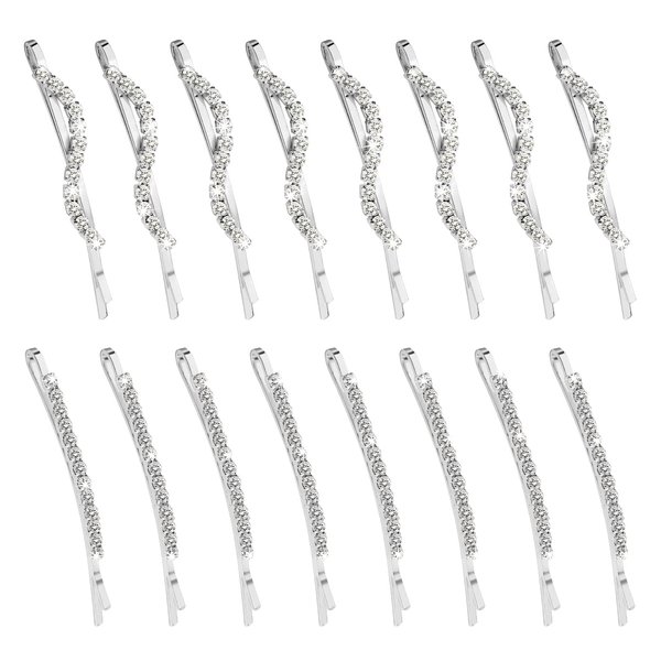 16 Pieces Fancy Rhinestone Bobby Pins, YISSION Silver Metal Hair Clips 2 Shaped Barrettes, Sparkly Crystal Hair Accessories for Women Girls Wedding Prom Party