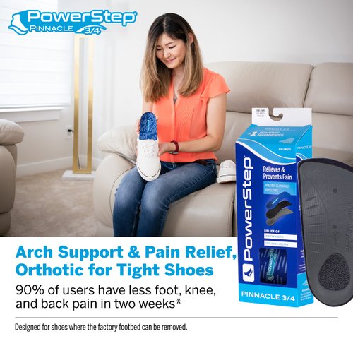 PowerStep Insoles, Pinnacle 3/4 Thin, Arch Pain Relief Insole, For Tight Shoes, Arch Support Orthotic For Men's 5-6.5 / Women's 7-8.5