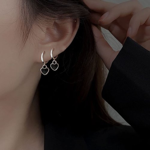 SLUYNZ Sterling Silver Black Heart Hoop Earrings for Women Teen Girls Love Heart Hoop Earrings Huggie (A-Silver)