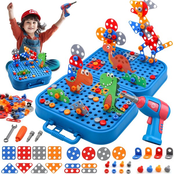 DaoDaoZhu Montessori Toys for 3 4 5 6 Year Old Boys Girls Birthday Gift, Design and Drill Toys, Magic Montessori Play Toolbox with Electric Drill, Toddler Drill and Screw Toys Kids Creative STEM Toy