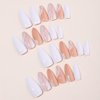 Almond Press on Nails White Fake Nails Glitter Gold Line Design Glue on Nails Medium False Nails Full Cover Nude Acrylic Nails Glossy Stick on Nails Elegant Artificial Nails for Women Manicure 24Pcs