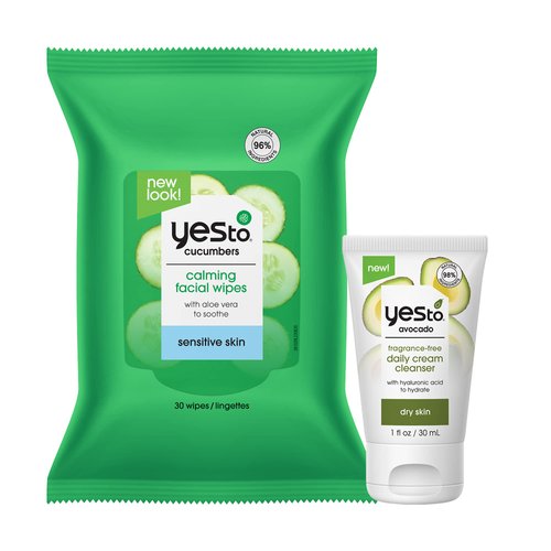 Yes To Soothing & Hydrating Bundle, 30 Ct Cucumber Facial Wipes & Avocado Fragrance-Free Daily Cream Cleanser, Avocado Oil, Hyaluronic Acid & Cucumber Extract, Natural, Vegan & Cruelty Free, 2-Pack