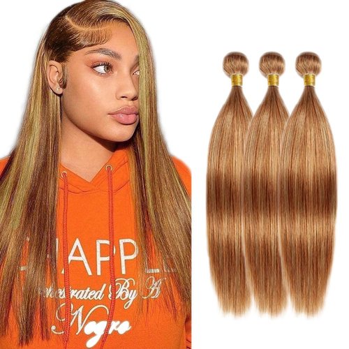 Honey Blonde Bundles Human Hair Highlight P27/30 Straight Bundles 24 24 24 Inch Unprocessed Brazilian Virgin Weave Human Hair Extensions 2 Tone Blonde Mixed With Brown Bundles