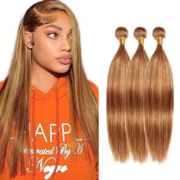Honey Blonde Bundles Human Hair Highlight P27/30 Straight Bundles 24 24 24 Inch Unprocessed Brazilian Virgin Weave Human Hair Extensions 2 Tone Blonde Mixed With Brown Bundles