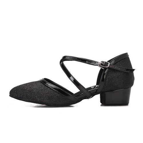 HXYOO Closed Toe Low Heel Glitter Ballroom Dance Shoes for Women Salsa Latin Wedding Party 1 1/2“ Heel S11-1(Black-1 1/2",7)
