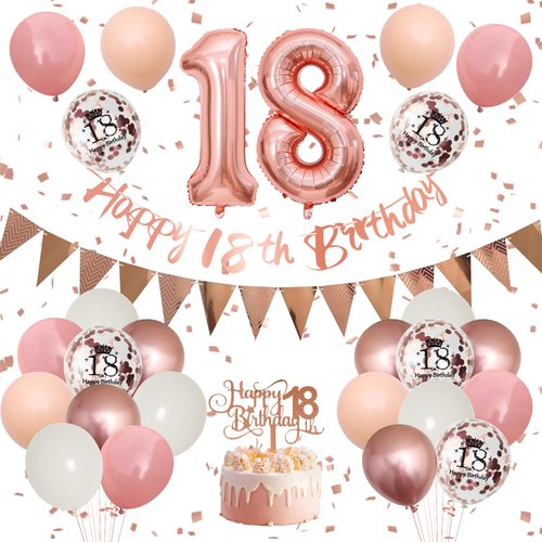 18th Birthday Decorations Retro Pink Rose Gold,18th Birthday Balloons,Happy 18th Birthday Banner with Cake Toppers Number 18 Balloons Confetti Balloons for Girls Women Birthday Party Decorations
