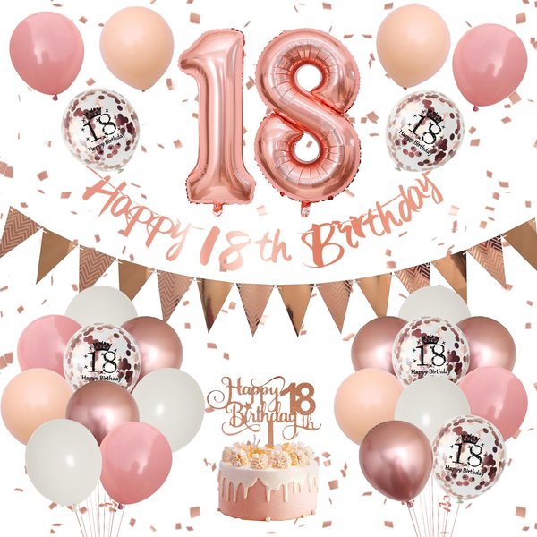 18th Birthday Decorations Retro Pink Rose Gold,18th Birthday Balloons,Happy 18th Birthday Banner with Cake Toppers Number 18 Balloons Confetti Balloons for Girls Women Birthday Party Decorations