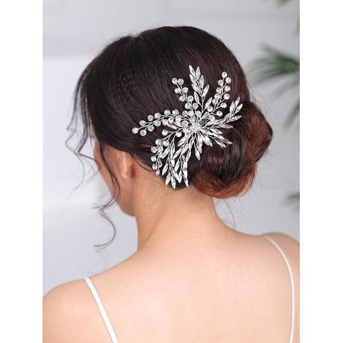 Rumtock Silver Rhinestones Crystal Beads Hair Clip for Women Girls Wedding Bridal Branch Hair Piece Handmade Hair Accessories (Silver)