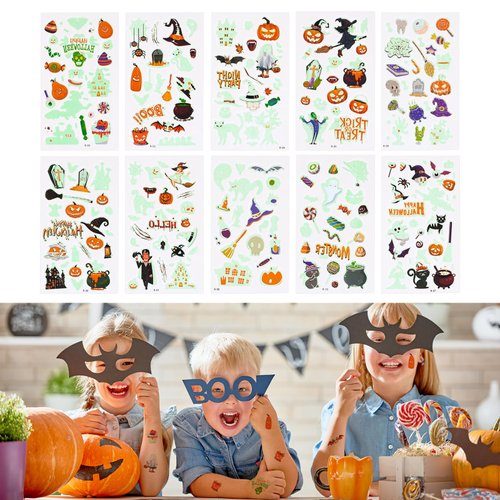 10 Sheets Halloween Temporary Tattoos for Kids, Luminous Halloween Tattoo Stickers Glow Cartoon Witch Bats Pumpkin Tattoos for Boys Girls Party Favors Gift Bag Trick or Treat (Series A)