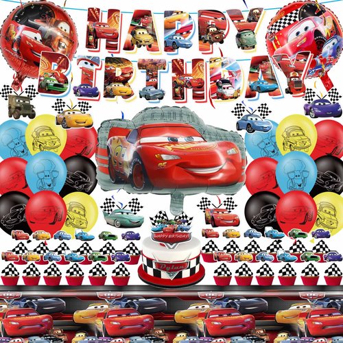 Cars Birthday Party Decorations, Cars Theme Birthday Party Set Include Banner, Car Balloons, Cupcake Toppers, Tablecloth, Hanging Swirls for Cars Birthday Supplies