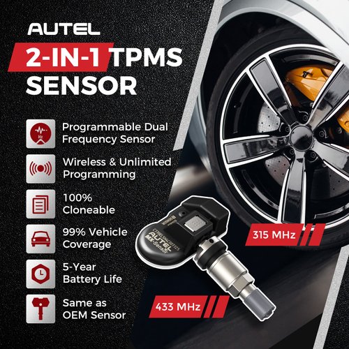 Autel TPMS Sensor MX-Sensor Dual Frequency (315MHz + 433MHz) Press-in OE-Level Universal Programmable TPMS Sensors for Tire Pressure (Press-in Metal Valves Pack of 4)