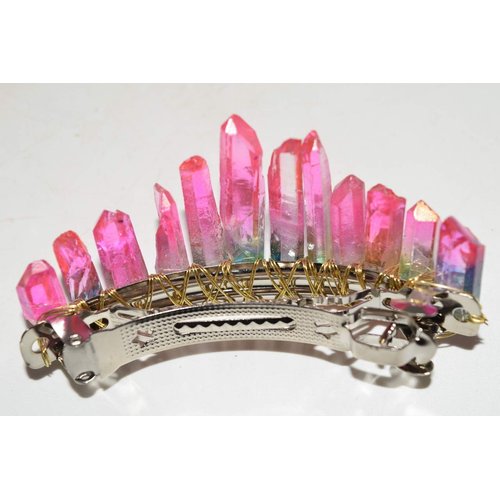 Nature's Enlightenment Pink and Green Angel Aura Quartz Stone Hair Clip Barrette Angel Aura Quartz Crystal