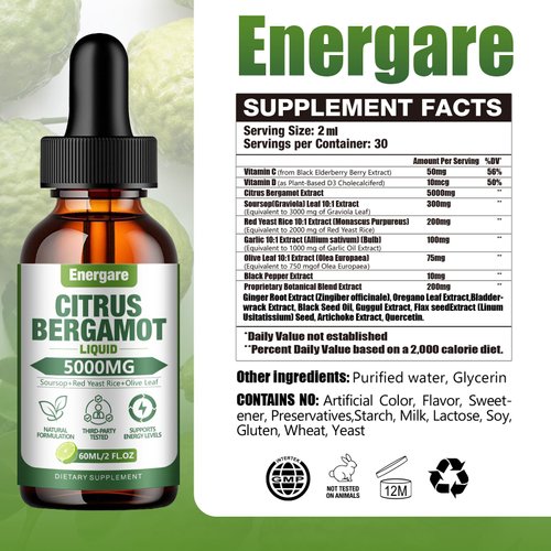 2 Packs Citrus Bergamot Liquid Drops, Bergamot Supplement For High Cholesterol - Soursop, Red Yeast Rice, Olive Leaf - All - Natural, Heart Immune Support & Antioxidant, Soursop Bitters Liquid，4 Fl Oz