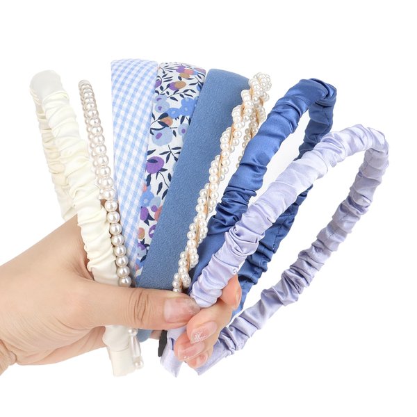 Blue Headbands for Women Light Blue Gingham Headband Cute Pearl Hairband for Girls 8 Pack Blue And White Different Fashion Headbands for Women Set Thin Hair Band