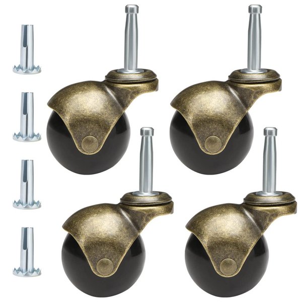 JGJC 2 inch Swivel Stem Ball Caster Wheels, Antique Furniture Casters Set of 4 with Socket, Solid Brass Casters with Stem (5/16" x 1-1/2"), Vintage Caster Wheels for Furniture, Desk, Chair, Trolley