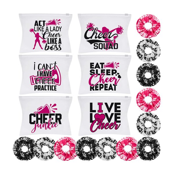 60-Piece Cheerleading Gift Set: Hair Scrunchies, Makeup Cases, Cheer Bags and Elastics for Girls - Cheer Party Favors and Team Gifts
