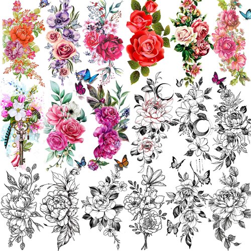 TASROI 18 Sheets Sexy Flower Rose Temporary Tattoos For Women Girls Adults, Women Body Art Fake Arm Tattoo Stickers, Waterproof Moon Butterfly Black Floral Tattoo Temporary Orchid Dahlia Neck Tatoos