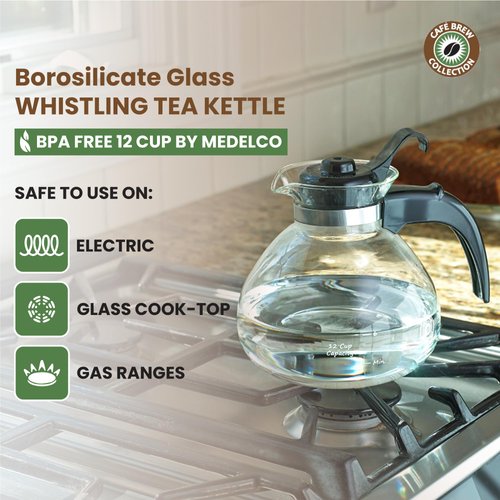 Borosilicate Glass Stove Top Whistling Tea Kettle - 12 Cup Capacity - BPA-Free - German-Made Glass Kettle for Gas, Electric, and Glass Ranges