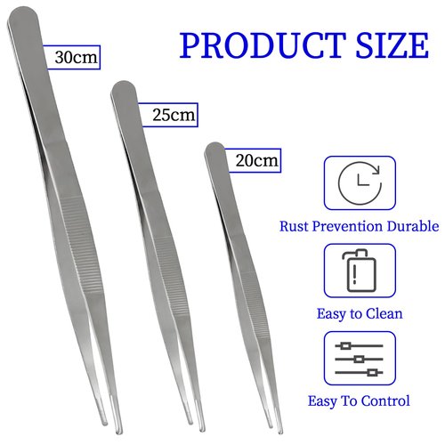 Bonsicoky 3Pcs Stainless Steel Tweezer Set (8" 10" 12"), Long Tweezers with Precision Serrated Straight Tips, Non-slip Multitool Tweezer for Cooking, Repairing, Medical, Garden