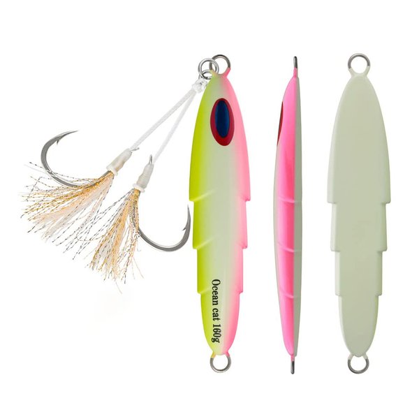 OCEAN CAT 1 PC Lead Metal Flat Slow Fall Pitch Fishing Jigs Lures Sinking Vertical Jigging Painted Spoons Bait with Butterfly Hook for Saltwater Fishing (Pink&Yellow, 80g)